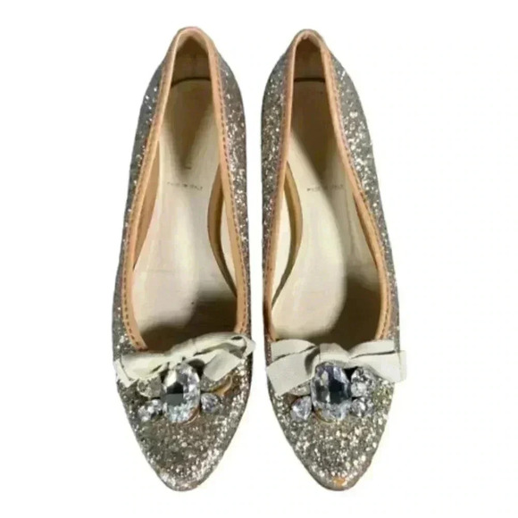 MIU MIU Prada Flats Shoes Silver Gold 6 Rhinestone Glitter Bow Pointed Toe 36 - Picture 5 of 9